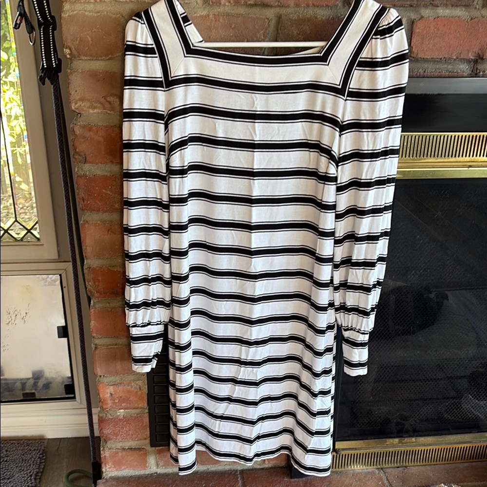 LOFT Black and White Sheath Dress with Bishop Sleeves